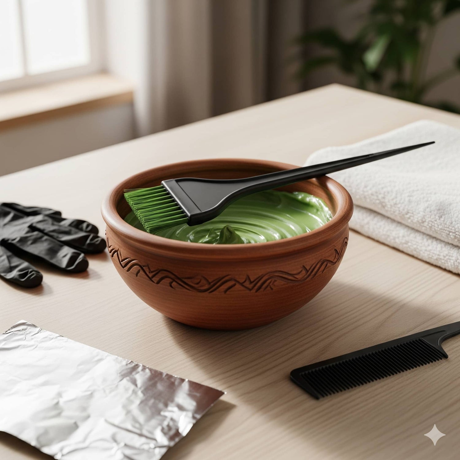 Spierb henna powder and indigo powder for hair in a bowl ready for natural hair colour.